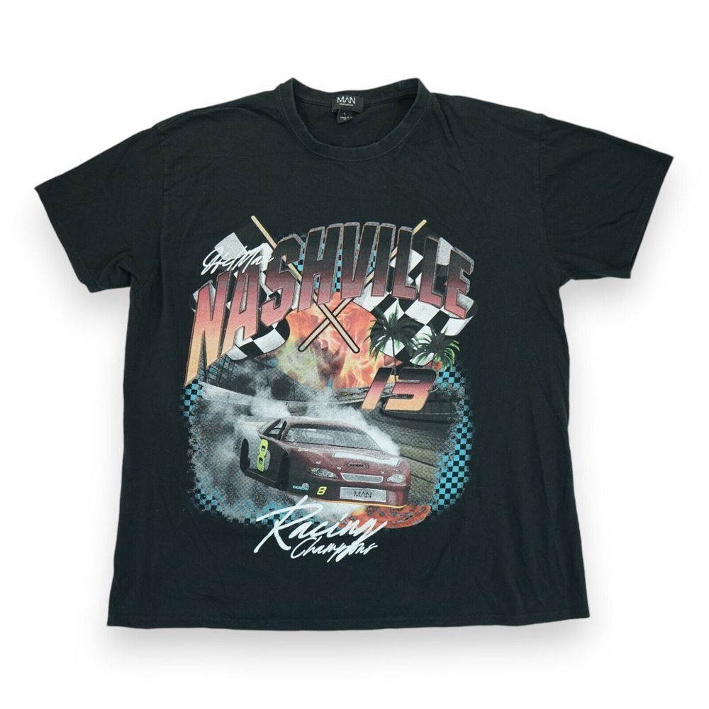 Vintage Boohooman Nashville Racing Tee Men's T Shirt Black Size Large Made in UK